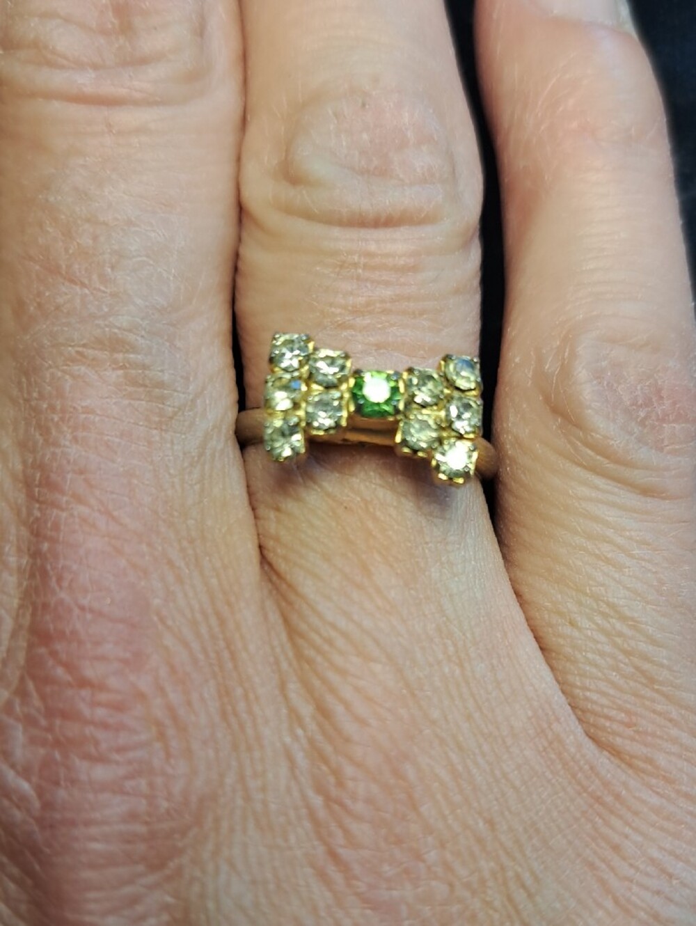 Gold-Tone Ring with Green Center Stone and Clear Accents